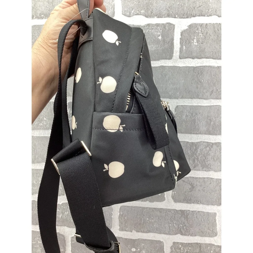 Kate Spade New York Mini Backpack Black Nylon Apple Print Gold Tone Hardware